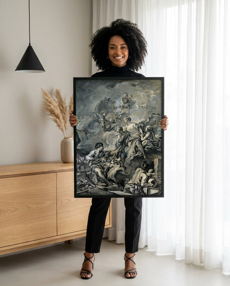 Quadro Decorativo A Forja de Vulcano - François Boucher | modelo apresentando o quadro emoldurado