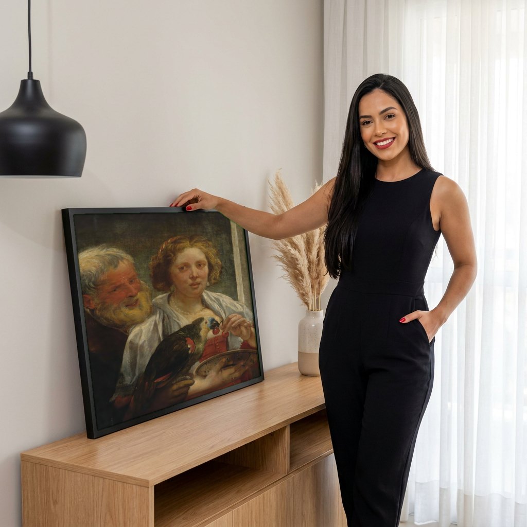 Quadro Decorativo A Oferta de Cerejas - Jacob Jordaens | modelo apresentando o quadro emoldurado