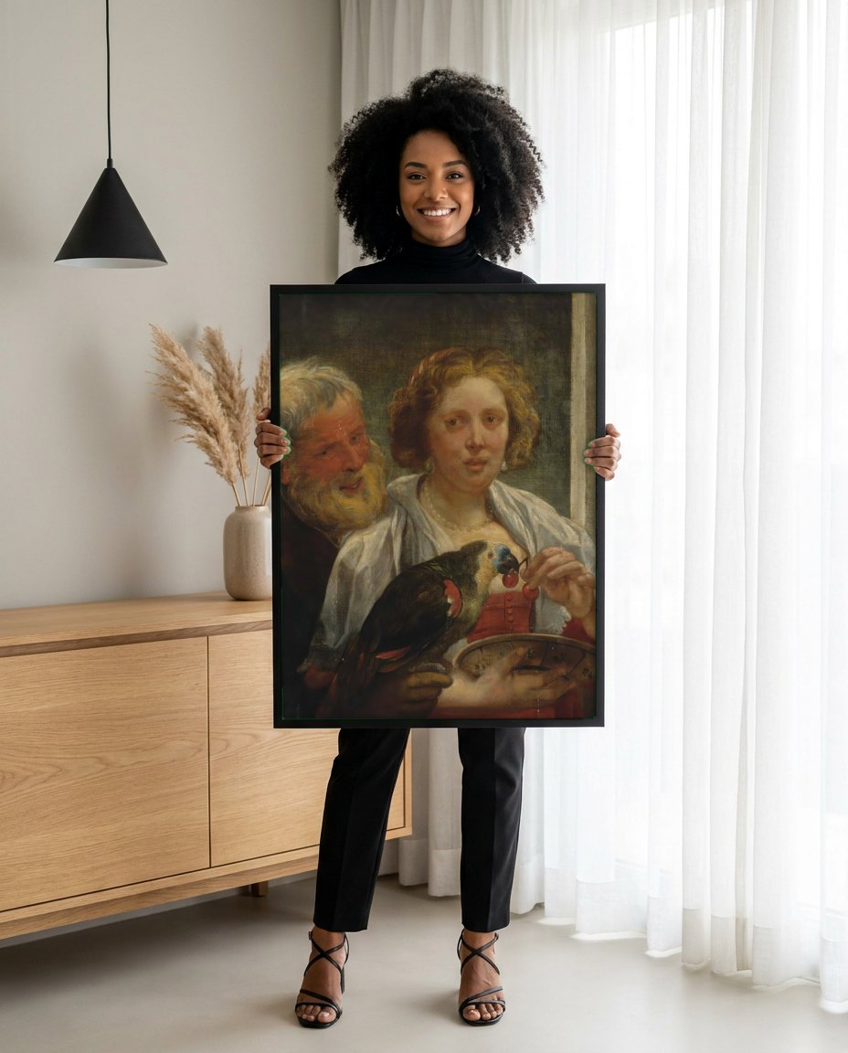 Quadro Decorativo A Oferta de Cerejas - Jacob Jordaens | modelo apresentando o quadro emoldurado