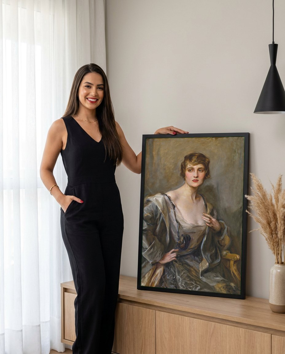 Quadro Decorativo Retrato Feminino Elegante - Philip Alexius de László | modelo apresentando o quadro emoldurado