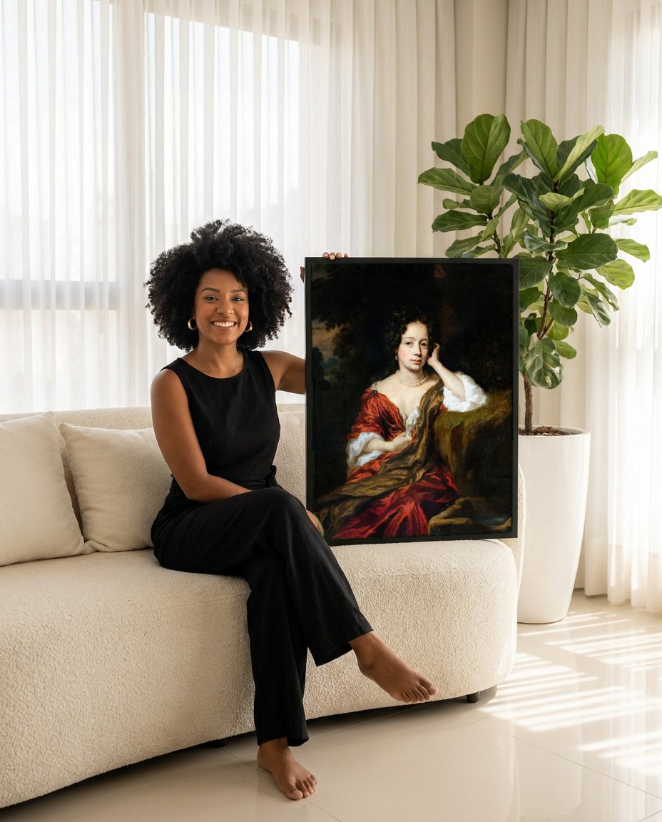 Quadro Decorativo Retrato Feminino Elegante - Nicolaes Maes | modelo apresentando o quadro emoldurado