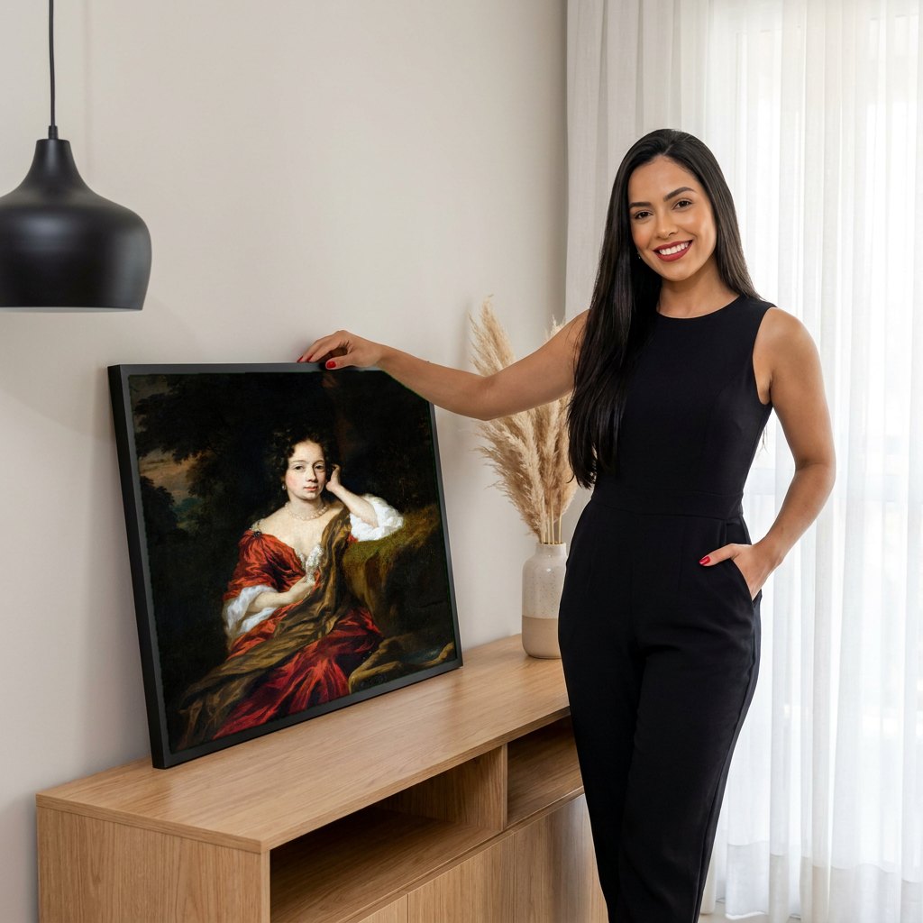 Quadro Decorativo Retrato Feminino Elegante - Nicolaes Maes | modelo apresentando o quadro emoldurado