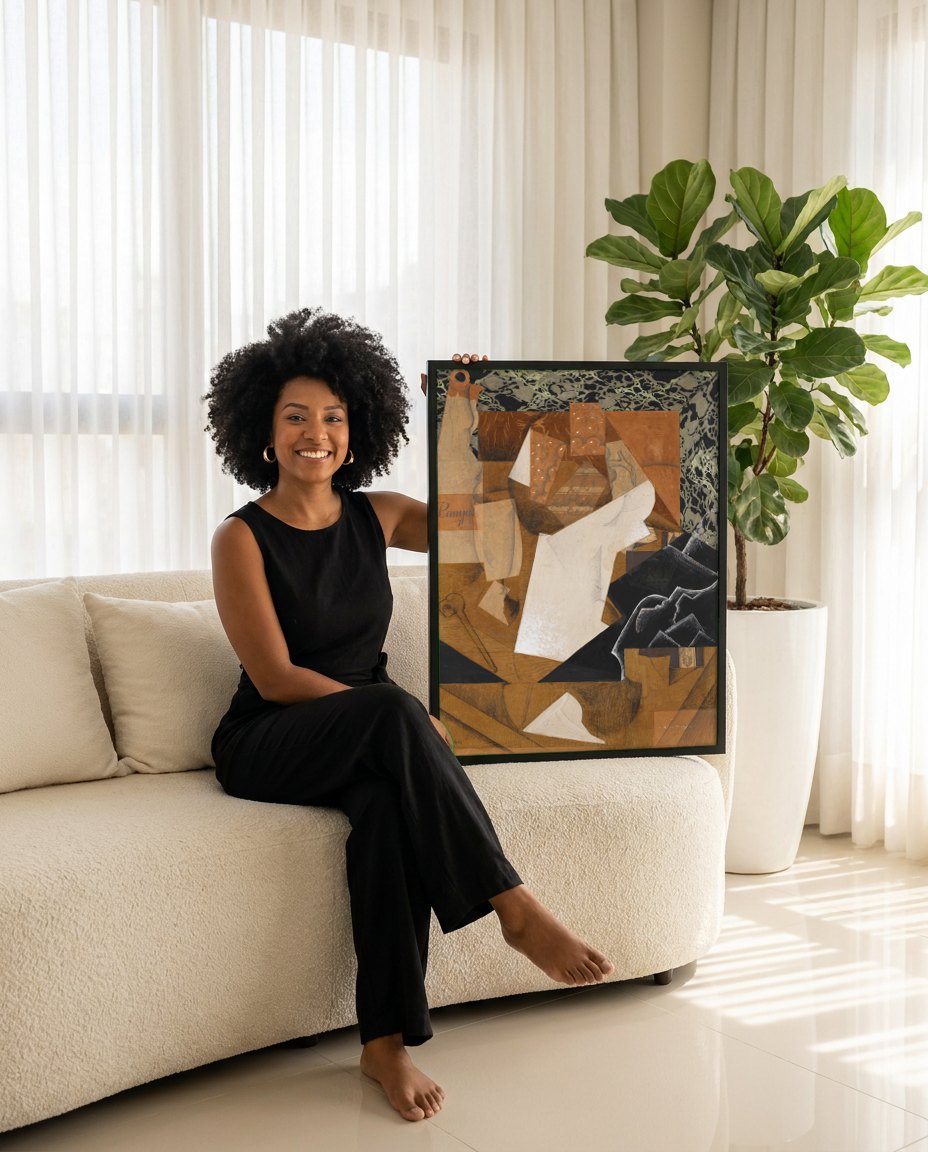 Quadro Decorativo Natureza-Morta Cubista - Juan Gris | modelo apresentando o quadro emoldurado