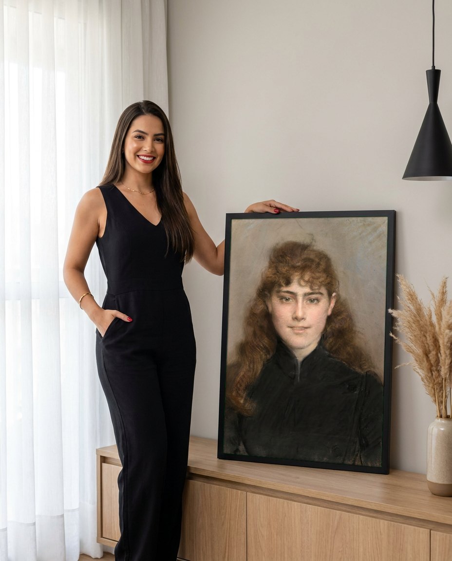 Quadro Decorativo Retrato Feminino - Giovanni Boldini | modelo apresentando o quadro emoldurado