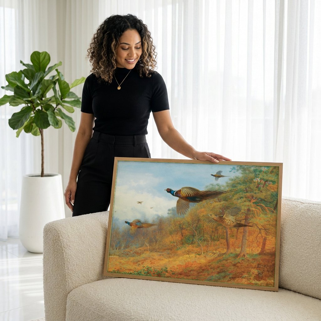 Quadro Decorativo Faisões em Voo - Archibald Thorburn | modelo apresentando o quadro emoldurado