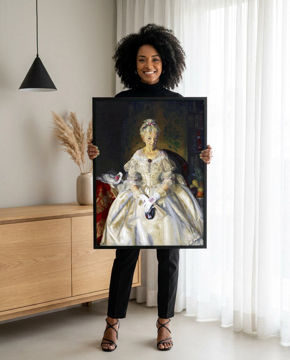 Quadro Decorativo Senhora em Vestido Branco - Bellows | modelo apresentando o quadro emoldurado