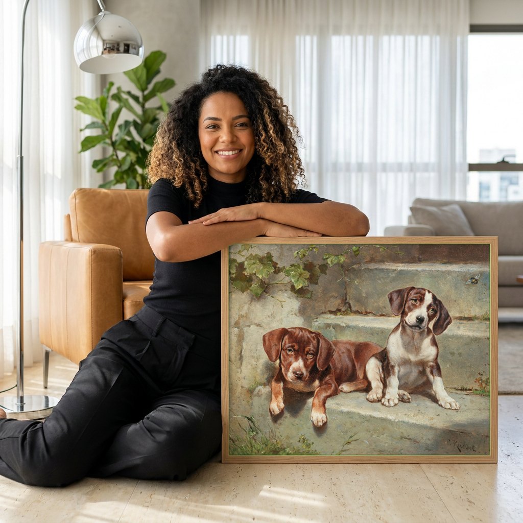 Quadro Decorativo Cães Filhotes em Degraus - Carl Reichert | modelo apresentando o quadro emoldurado