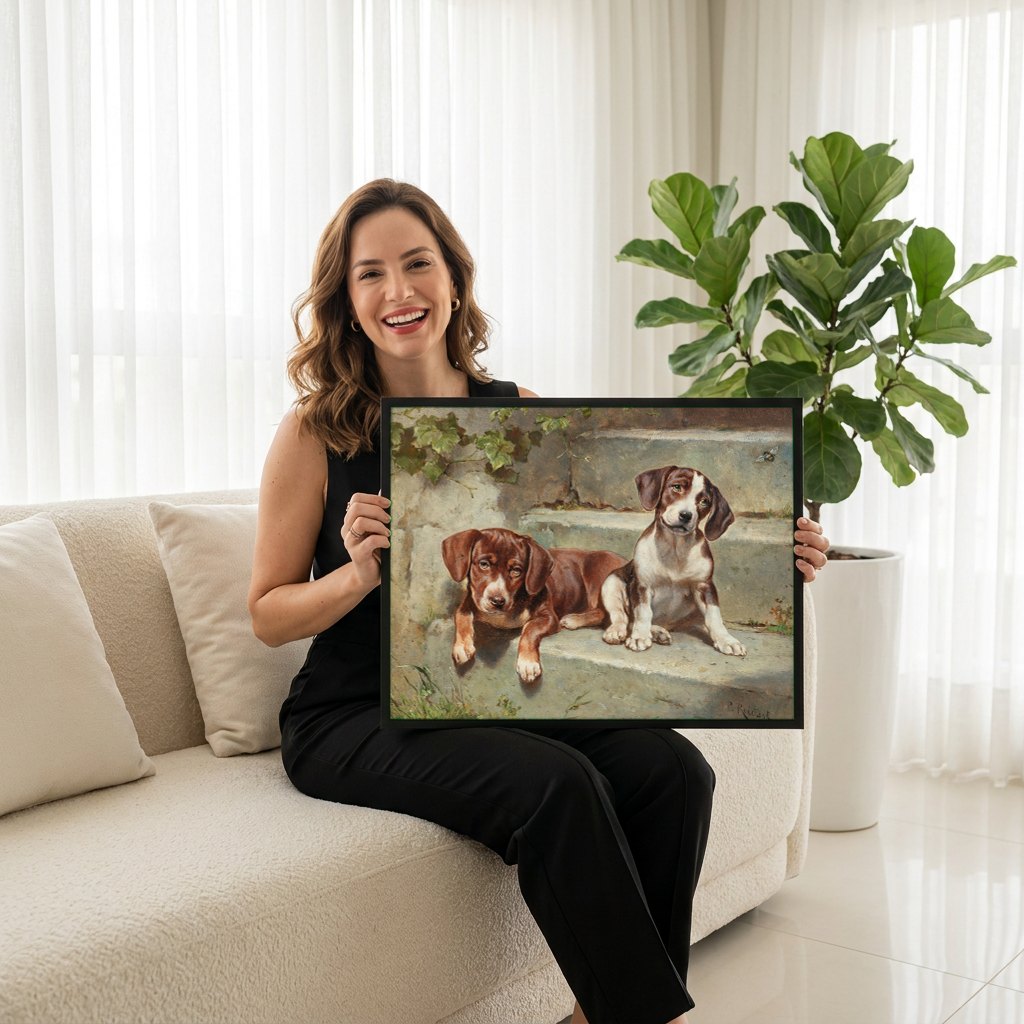 Quadro Decorativo Cães Filhotes em Degraus - Carl Reichert | modelo apresentando o quadro emoldurado