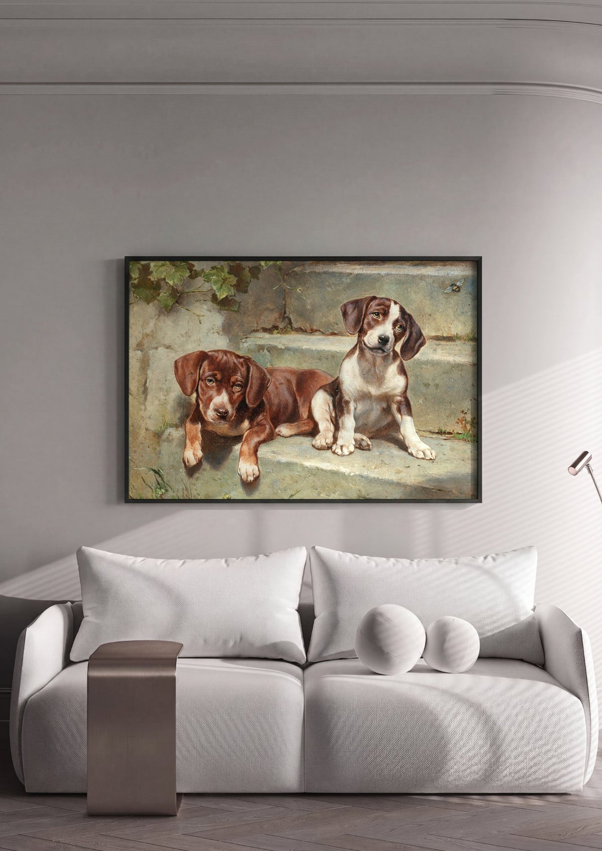 Quadro Decorativo Cães Filhotes em Degraus - Carl Reichert | quadro emoldurado na parede