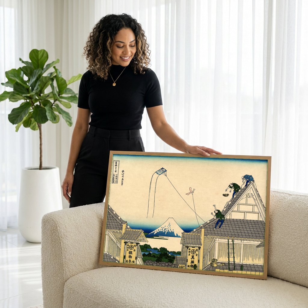 Quadro Decorativo 'A Pipa Quebrada' - Hokusai | modelo apresentando o quadro emoldurado