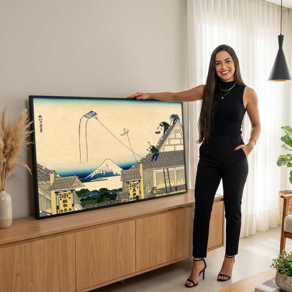 Quadro Decorativo 'A Pipa Quebrada' - Hokusai | modelo apresentando o quadro emoldurado
