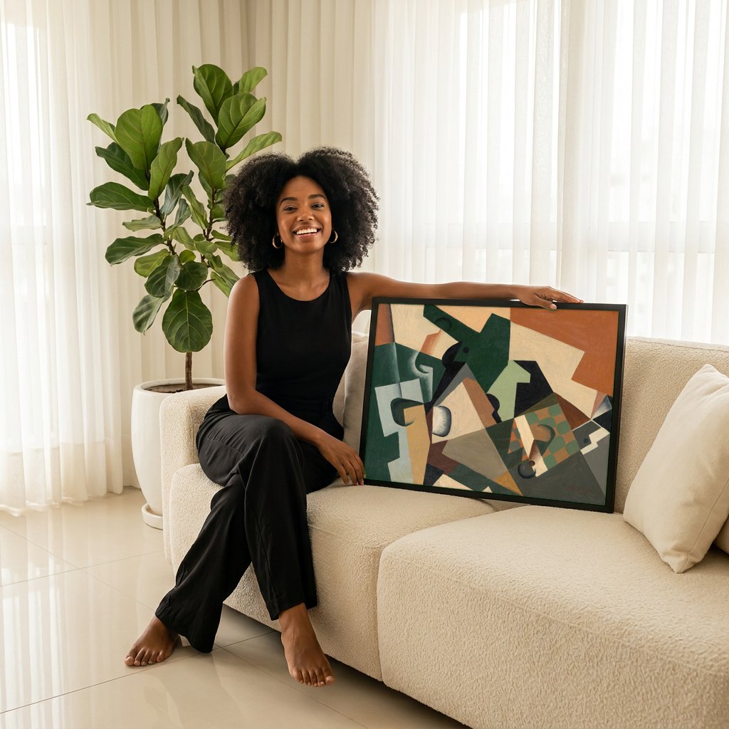 Quadro Decorativo Composição Cubista - Juan Gris | modelo apresentando o quadro emoldurado