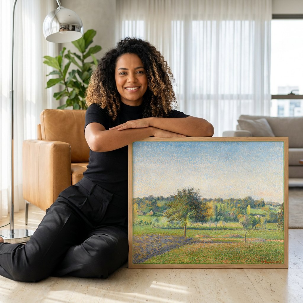 Quadro Decorativo Campo Ensolarado - Pissarro | modelo apresentando o quadro emoldurado
