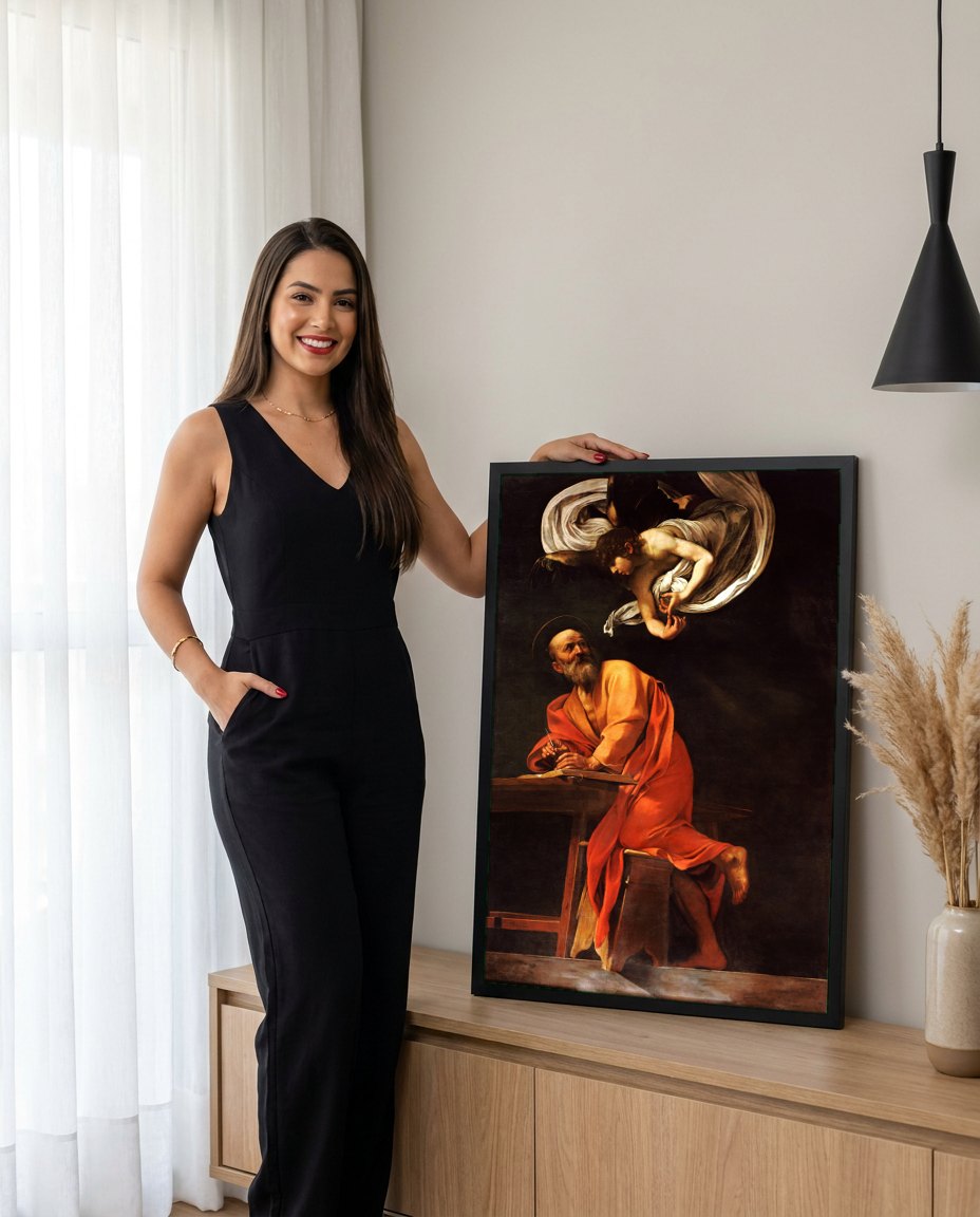 Quadro Decorativo São Mateus e o Anjo - Caravaggio | modelo apresentando o quadro emoldurado