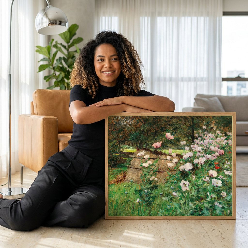 Quadro Decorativo Campo de Papoulas - Olga Wisinger-Florian | modelo apresentando o quadro emoldurado