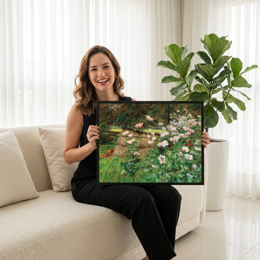 Quadro Decorativo Campo de Papoulas - Olga Wisinger-Florian | modelo apresentando o quadro emoldurado