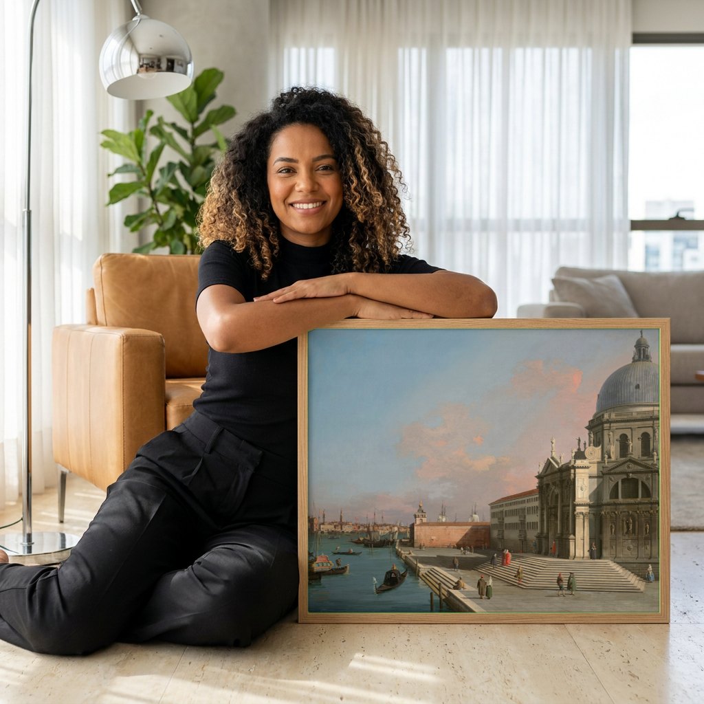 Quadro Decorativo 'Bacino di San Marco' - Canaletto | modelo apresentando o quadro emoldurado