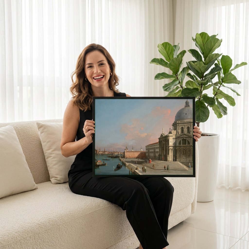Quadro Decorativo 'Bacino di San Marco' - Canaletto | modelo apresentando o quadro emoldurado