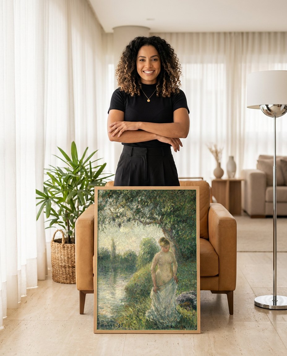 Quadro Decorativo Nudez e Natureza - Pissarro | modelo apresentando o quadro emoldurado
