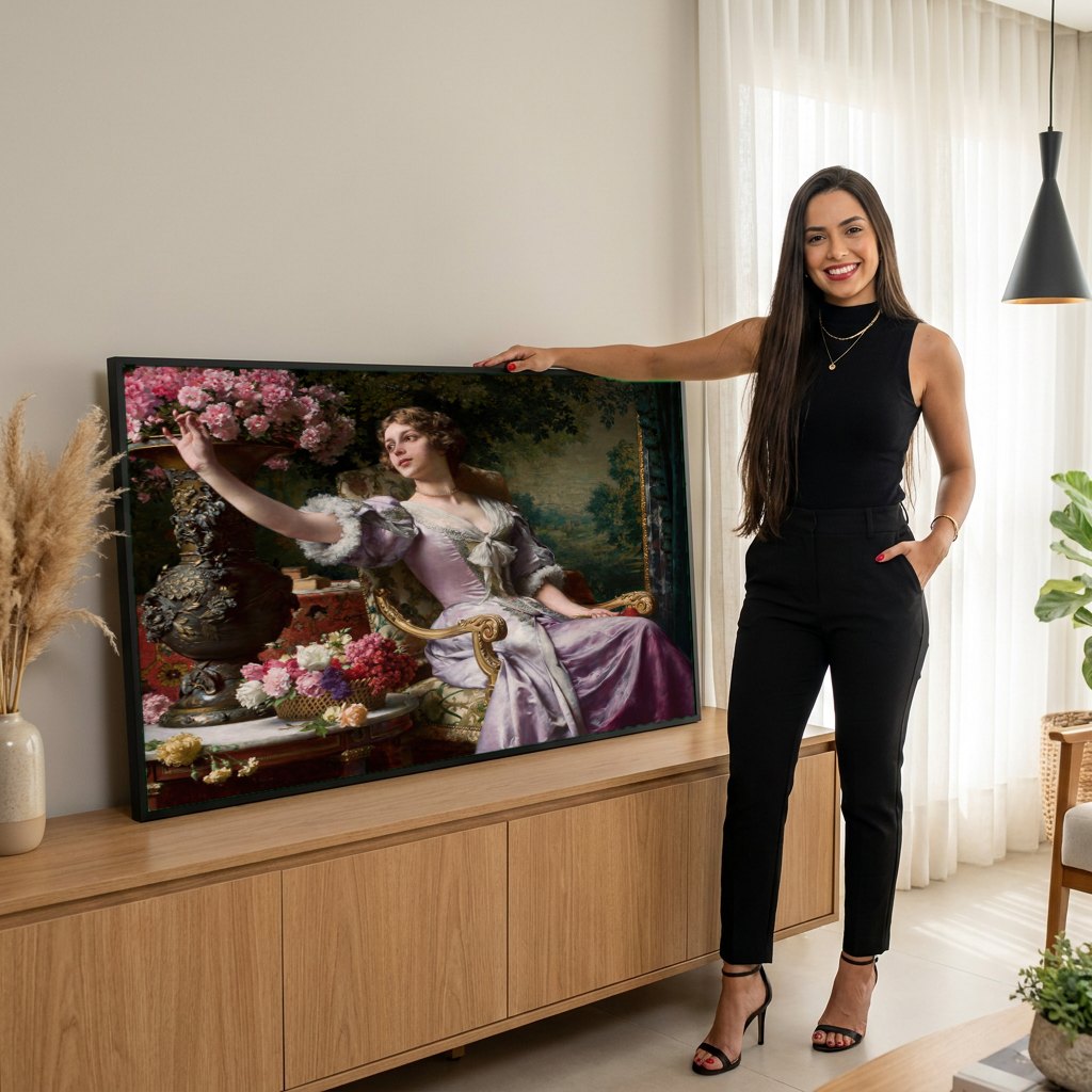 Quadro Decorativo A Dama e as Flores - Wladyslaw Czachórski | modelo apresentando o quadro emoldurado