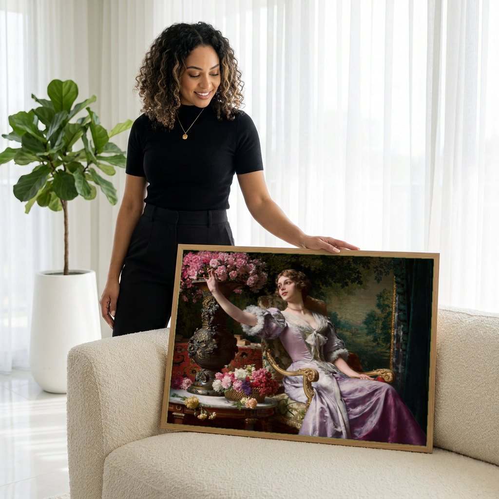 Quadro Decorativo A Dama e as Flores - Wladyslaw Czachórski | modelo apresentando o quadro emoldurado