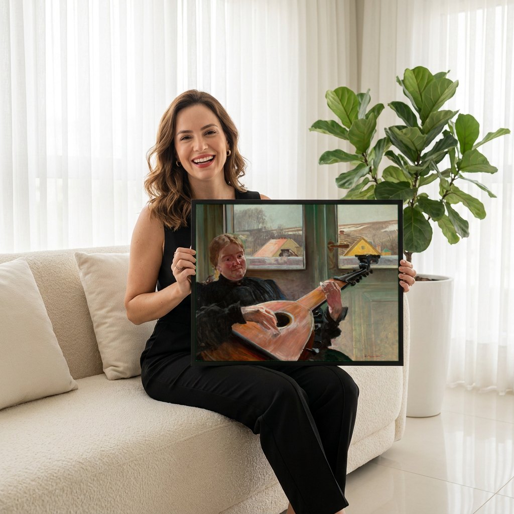 Quadro Decorativo A Mulher com Alaúde - Jacek Malczewski | modelo apresentando o quadro emoldurado