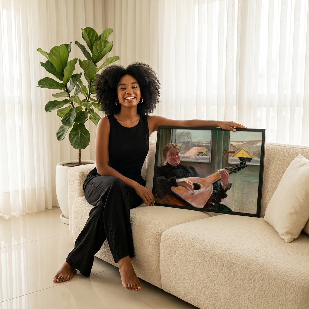 Quadro Decorativo A Mulher com Alaúde - Jacek Malczewski | modelo apresentando o quadro emoldurado