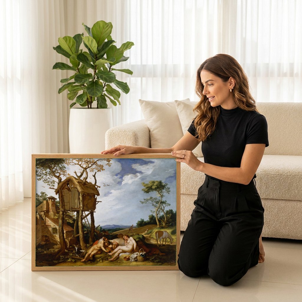 Quadro Decorativo A Idade do Ouro - Abraham Bloemaert | modelo apresentando o quadro emoldurado