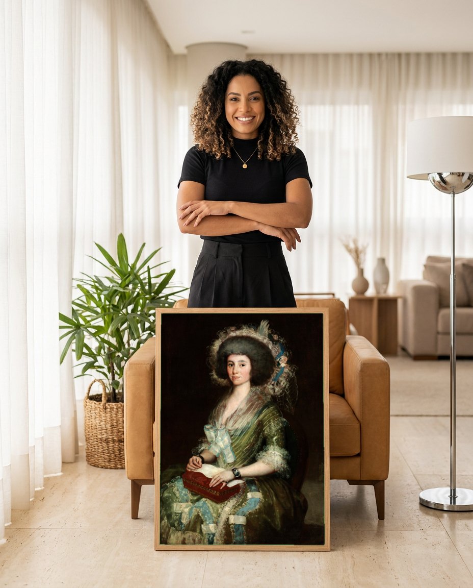 Quadro Decorativo Senhora com Caixa - Goya | modelo apresentando o quadro emoldurado
