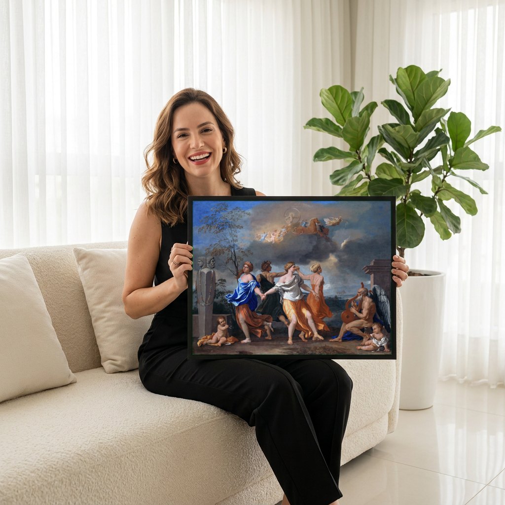 Quadro Decorativo A Dança da Vida Humana - Nicolas Poussin | modelo apresentando o quadro emoldurado