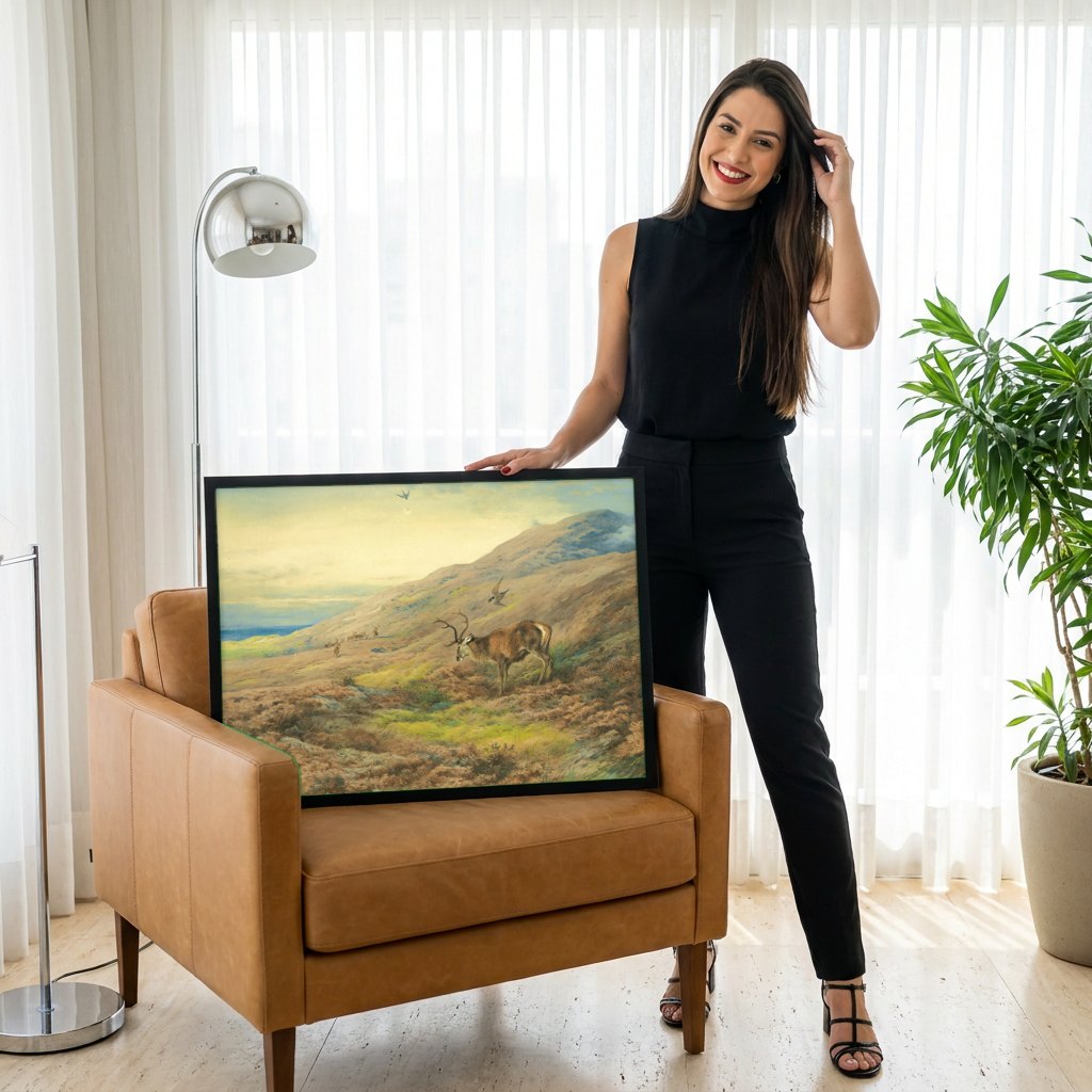 Quadro Decorativo Cervos nas Terras Altas - Thorburn | modelo apresentando o quadro emoldurado
