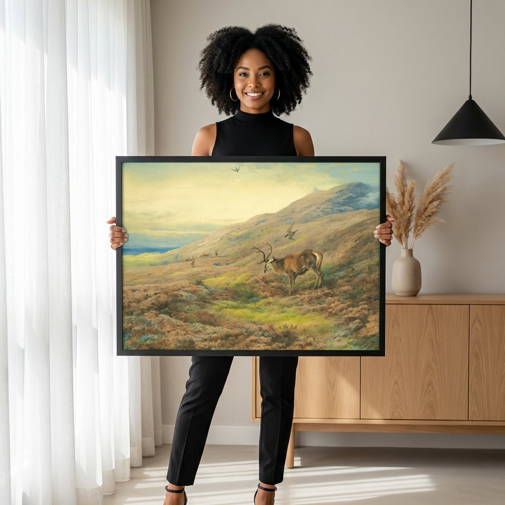 Quadro Decorativo Cervos nas Terras Altas - Thorburn | modelo apresentando o quadro emoldurado
