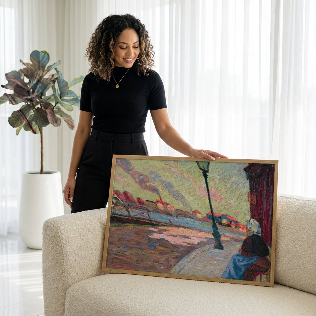 Quadro Decorativo A Mulher e a Fábrica - Armand Guillaumin com modelo em ambiente