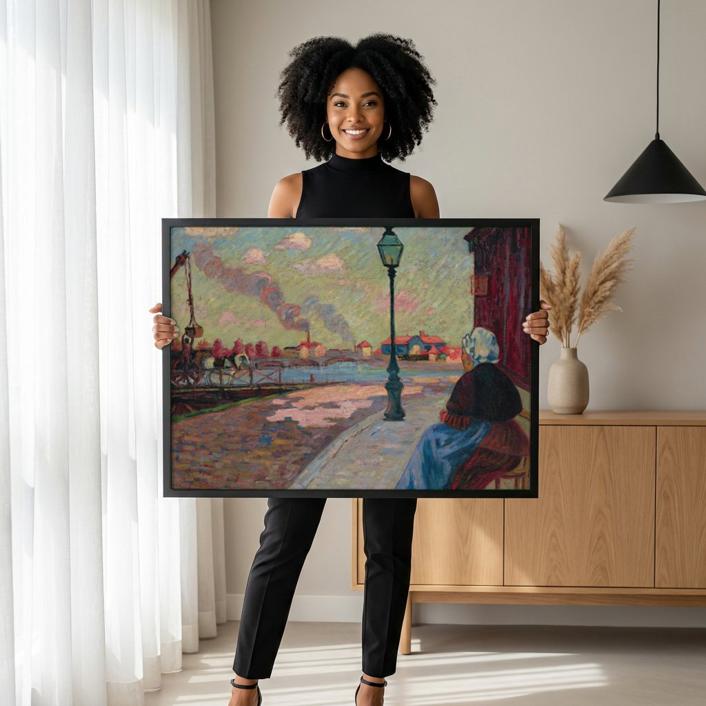 Quadro Decorativo A Mulher e a Fábrica - Armand Guillaumin com modelo em ambiente