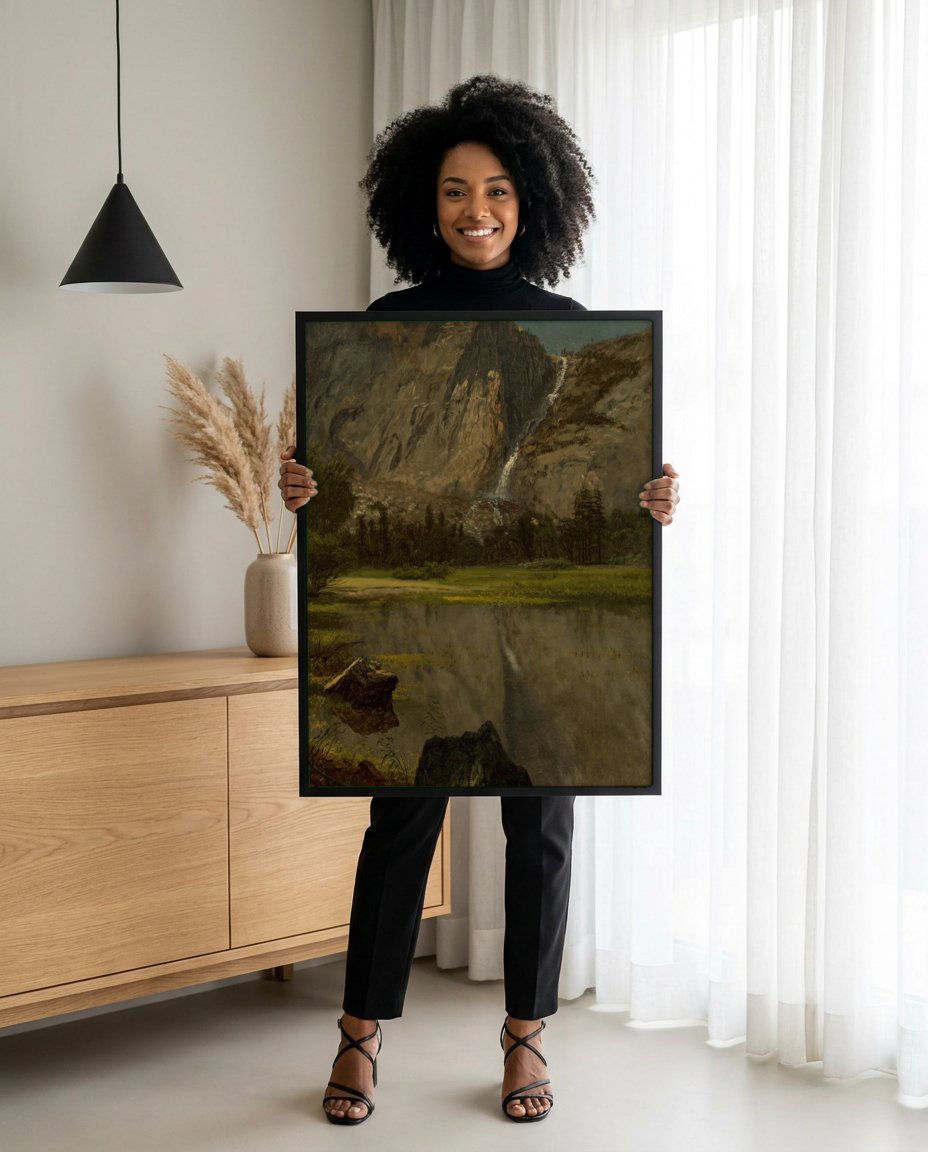 Quadro Decorativo Cachoeira Montanhosa - Albert Bierstadt com modelo em ambiente