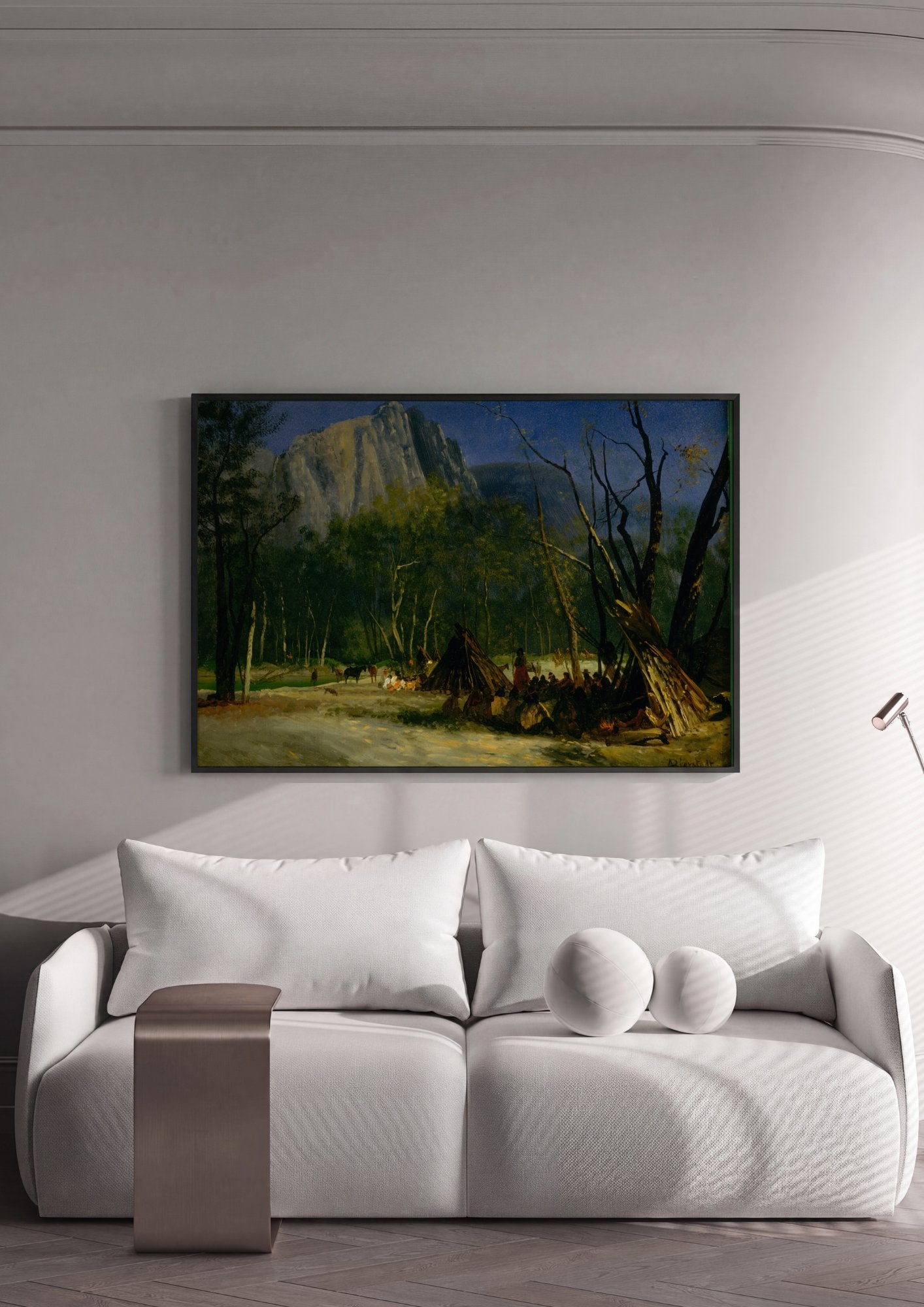 Quadro Decorativo Acampamento Indígena à Noite - Bierstadt em ambiente decorado