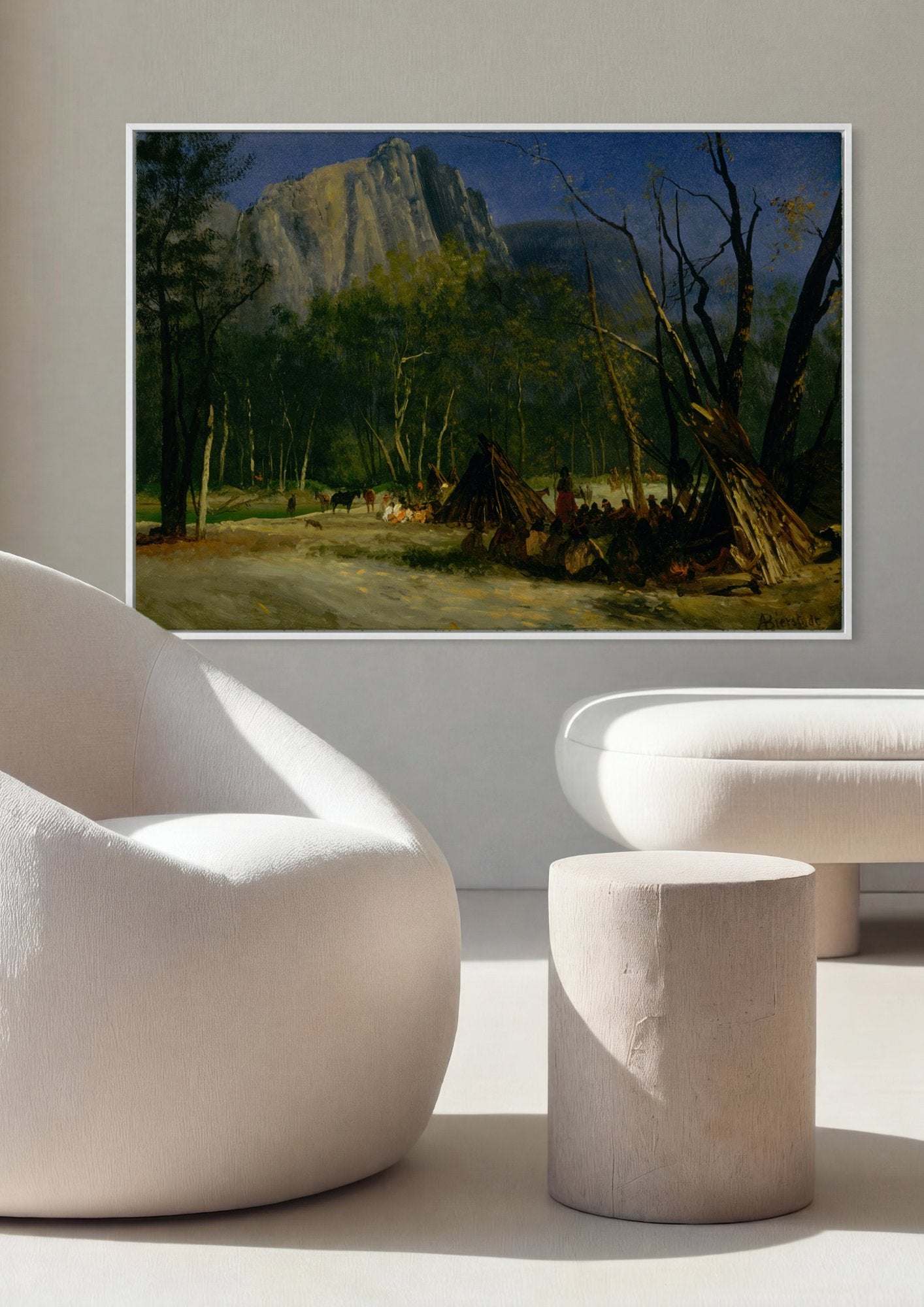 Quadro Decorativo Acampamento Indígena à Noite - Bierstadt em ambiente decorado