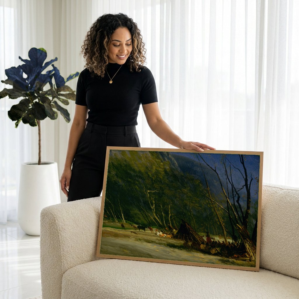 Quadro Decorativo Acampamento Indígena à Noite - Bierstadt com modelo em ambiente