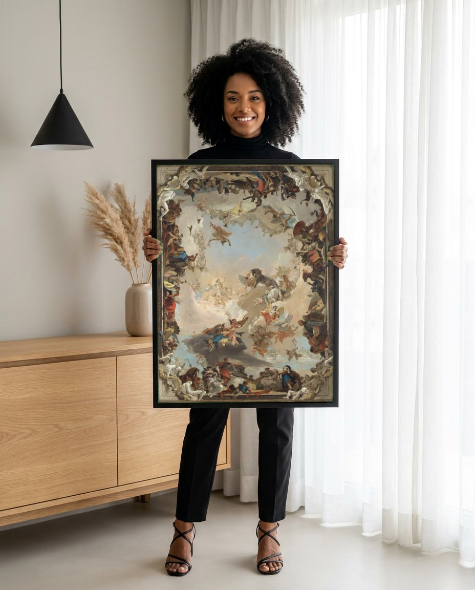 Quadro Decorativo Alegoria das Quatro Partes do Mundo - Tiepolo | modelo apresentando o quadro emoldurado