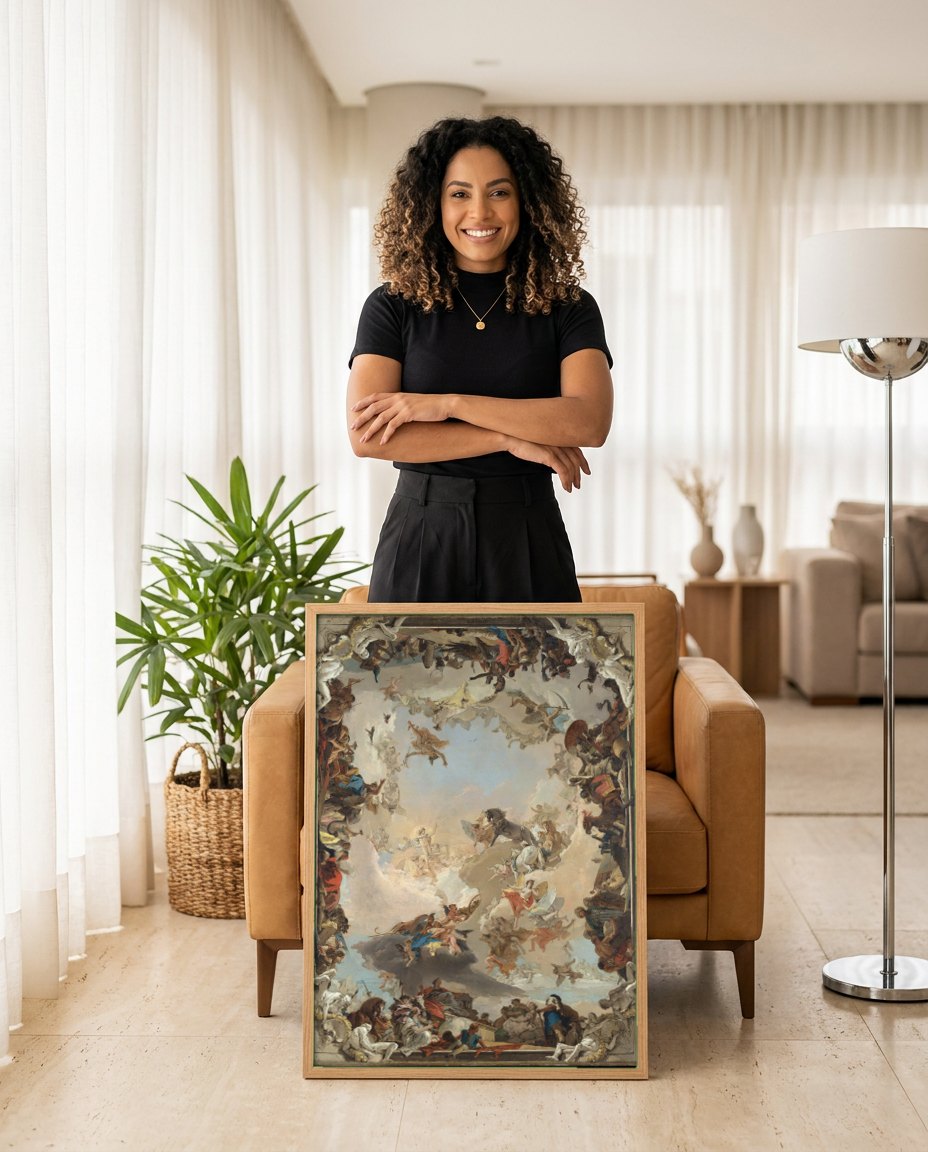 Quadro Decorativo Alegoria das Quatro Partes do Mundo - Tiepolo | modelo apresentando o quadro emoldurado