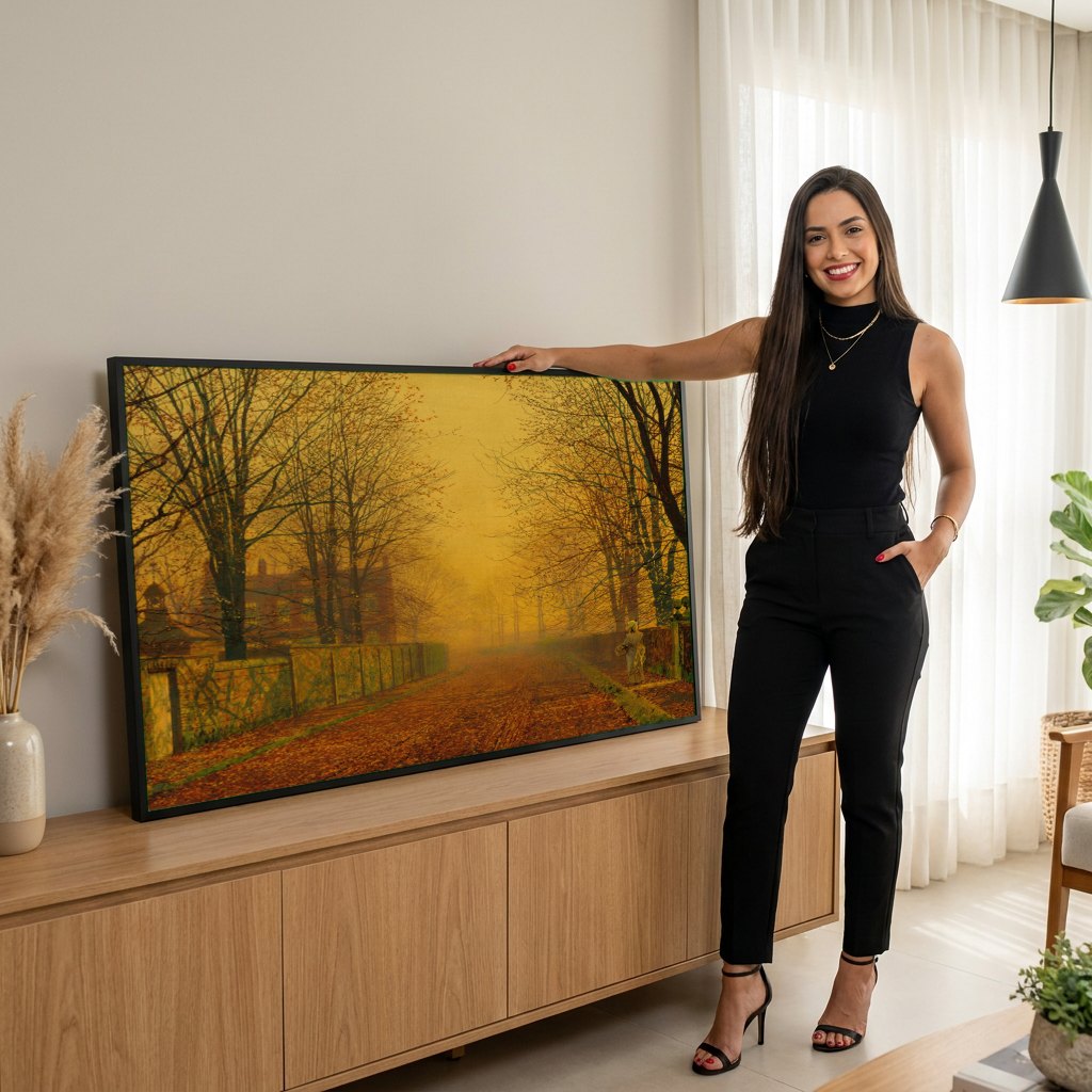 Quadro Decorativo 'Outono Dourado' - Grimshaw | modelo apresentando o quadro emoldurado