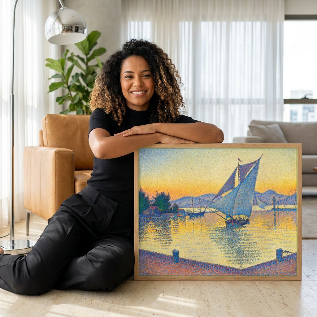 Quadro Decorativo Porto ao Pôr do Sol - Paul Signac | modelo apresentando o quadro emoldurado