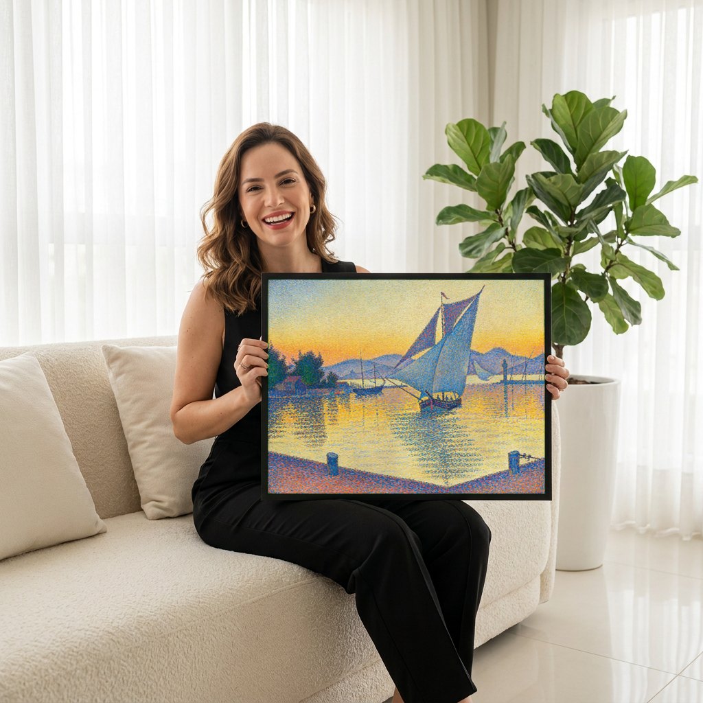 Quadro Decorativo Porto ao Pôr do Sol - Paul Signac | modelo apresentando o quadro emoldurado
