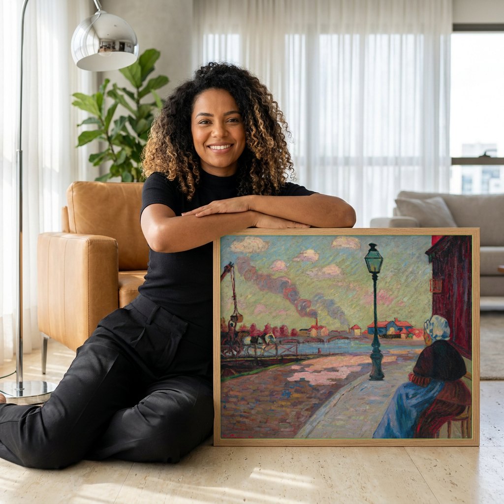 Quadro Decorativo A Mulher e a Fábrica - Armand Guillaumin | modelo apresentando o quadro emoldurado