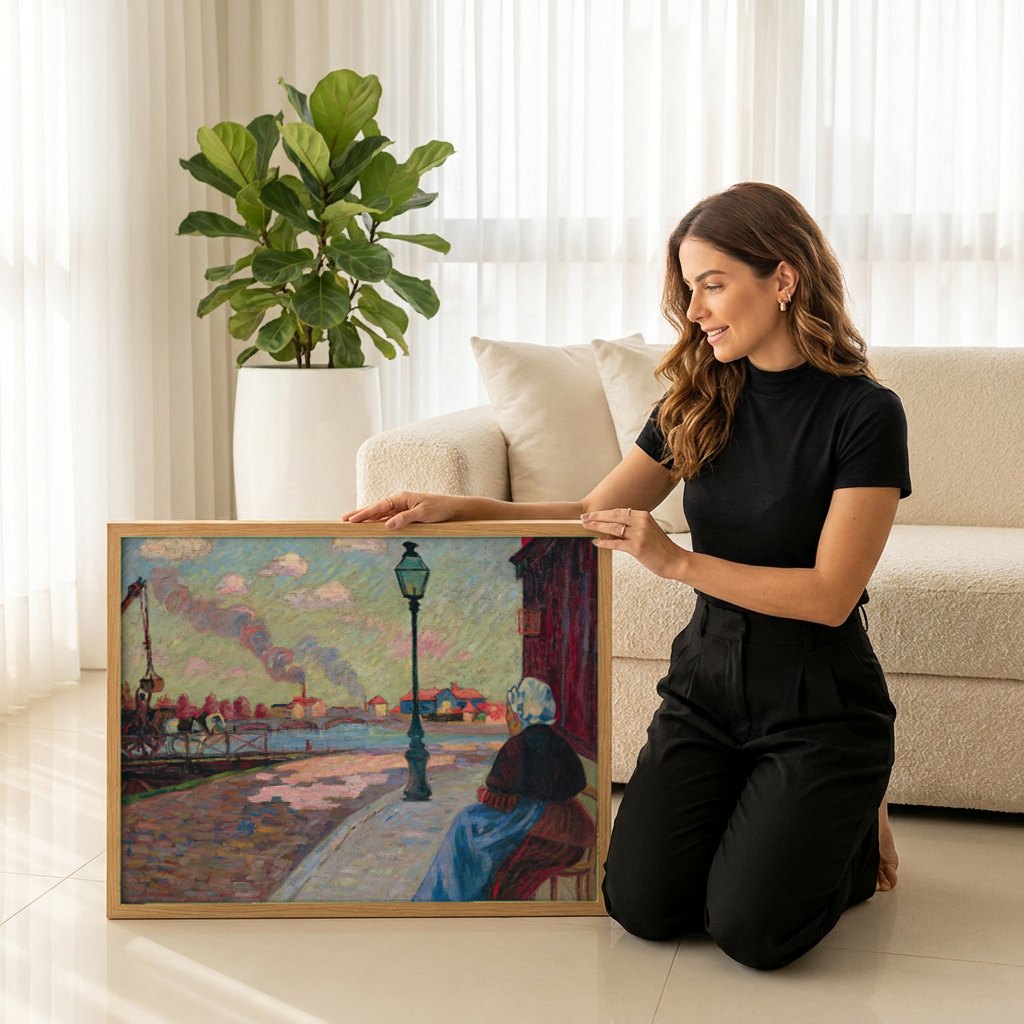 Quadro Decorativo A Mulher e a Fábrica - Armand Guillaumin | modelo apresentando o quadro emoldurado