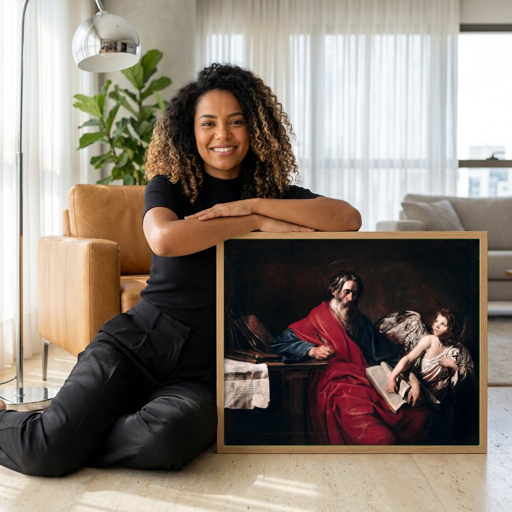 Quadro Decorativo São Mateus e o Anjo - Valentin de Boulogne | modelo apresentando o quadro emoldurado