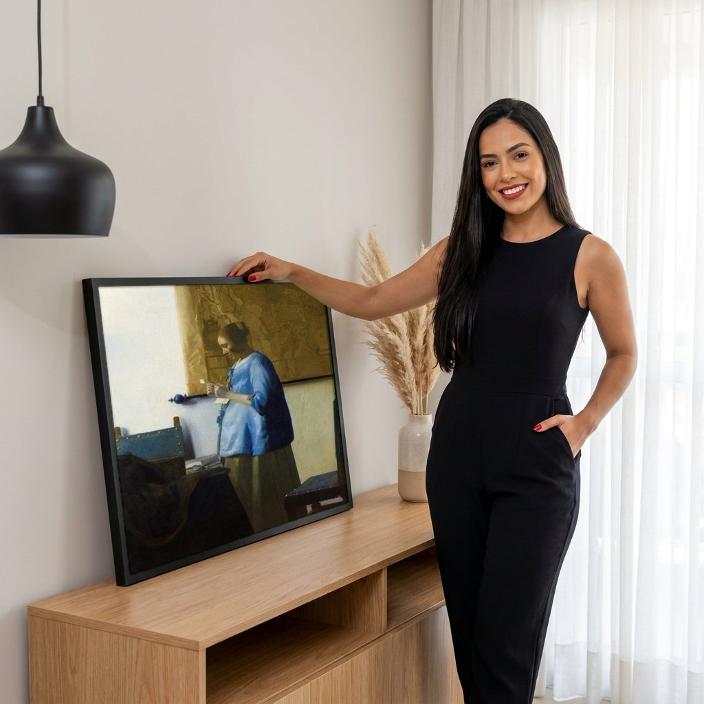 Quadro Decorativo Mulher Lendo uma Carta - Vermeer | modelo apresentando o quadro emoldurado