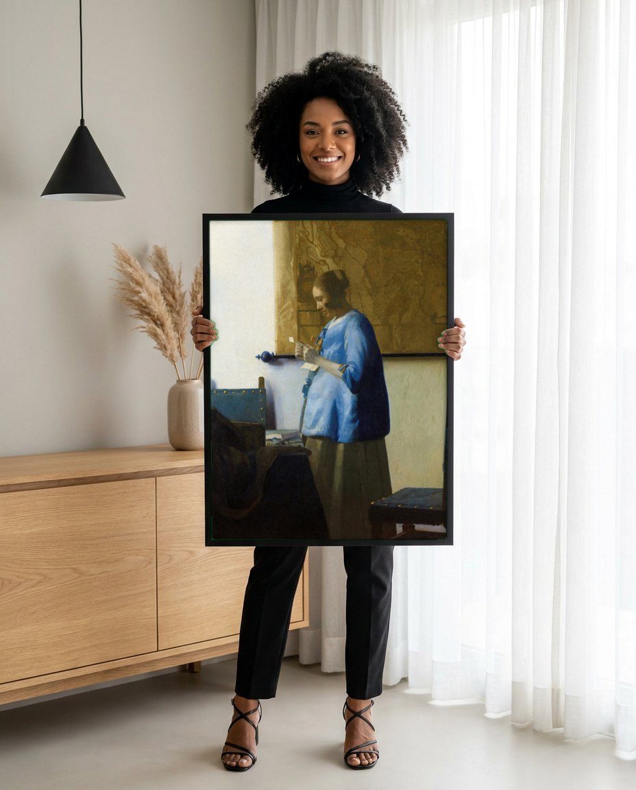 Quadro Decorativo Mulher Lendo uma Carta - Vermeer | modelo apresentando o quadro emoldurado