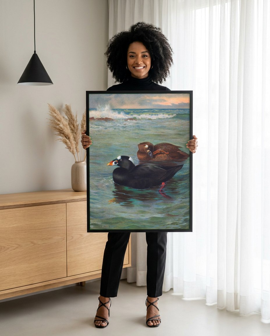 Quadro Decorativo Patos-Marinhos na Onda - Thorburn | modelo apresentando o quadro emoldurado