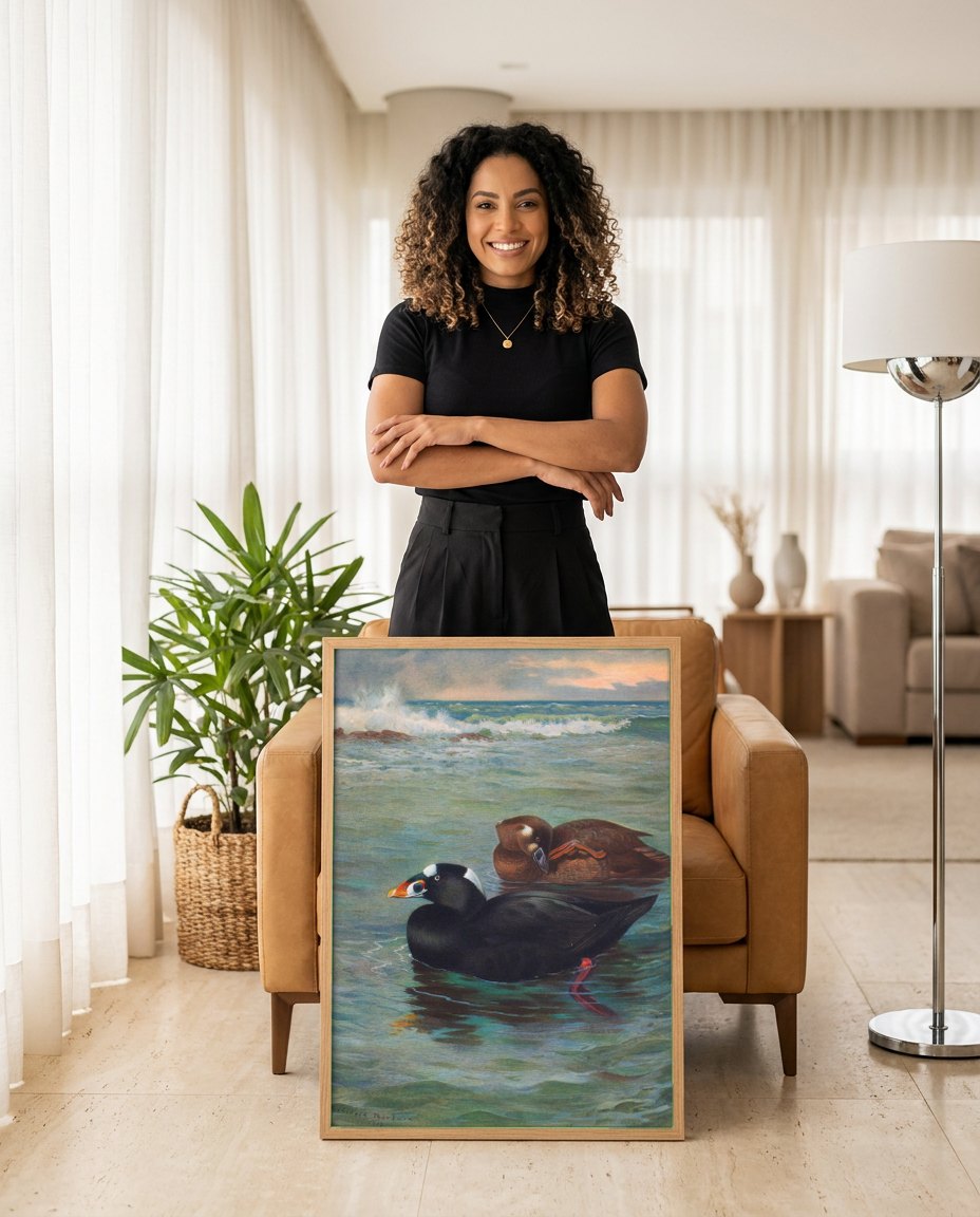 Quadro Decorativo Patos-Marinhos na Onda - Thorburn | modelo apresentando o quadro emoldurado